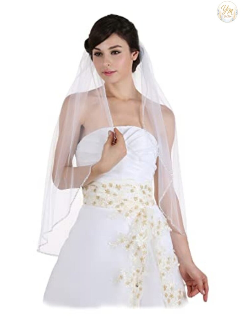 Fingertip Length 36" Beaded Wedding Veil with Faux Pearls Crystals Sequins
